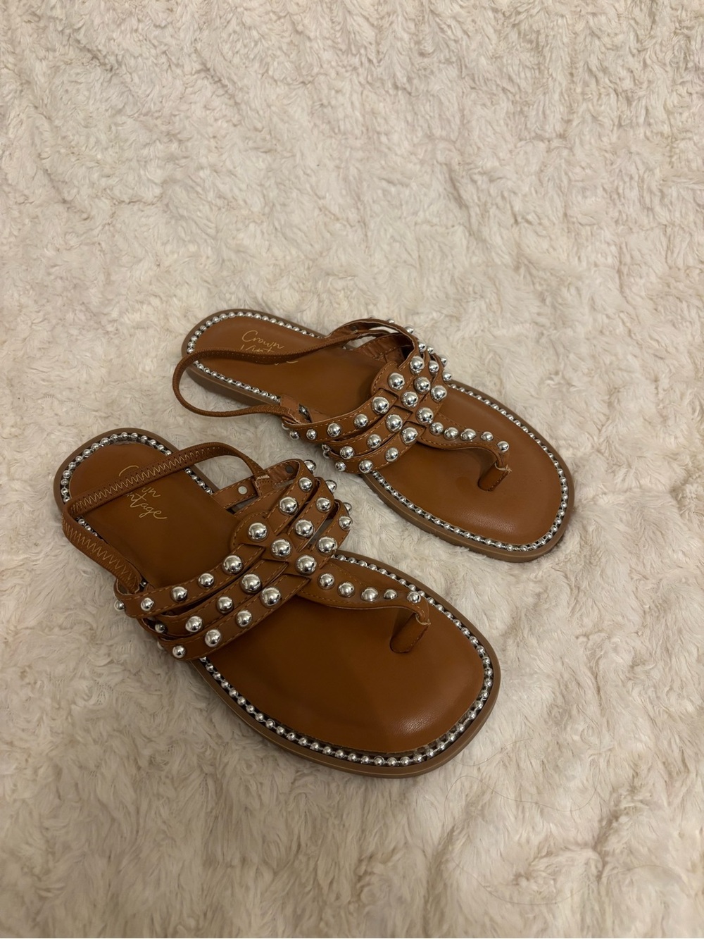 Crown Vintage Studded Brown Leather Slingback Sandals